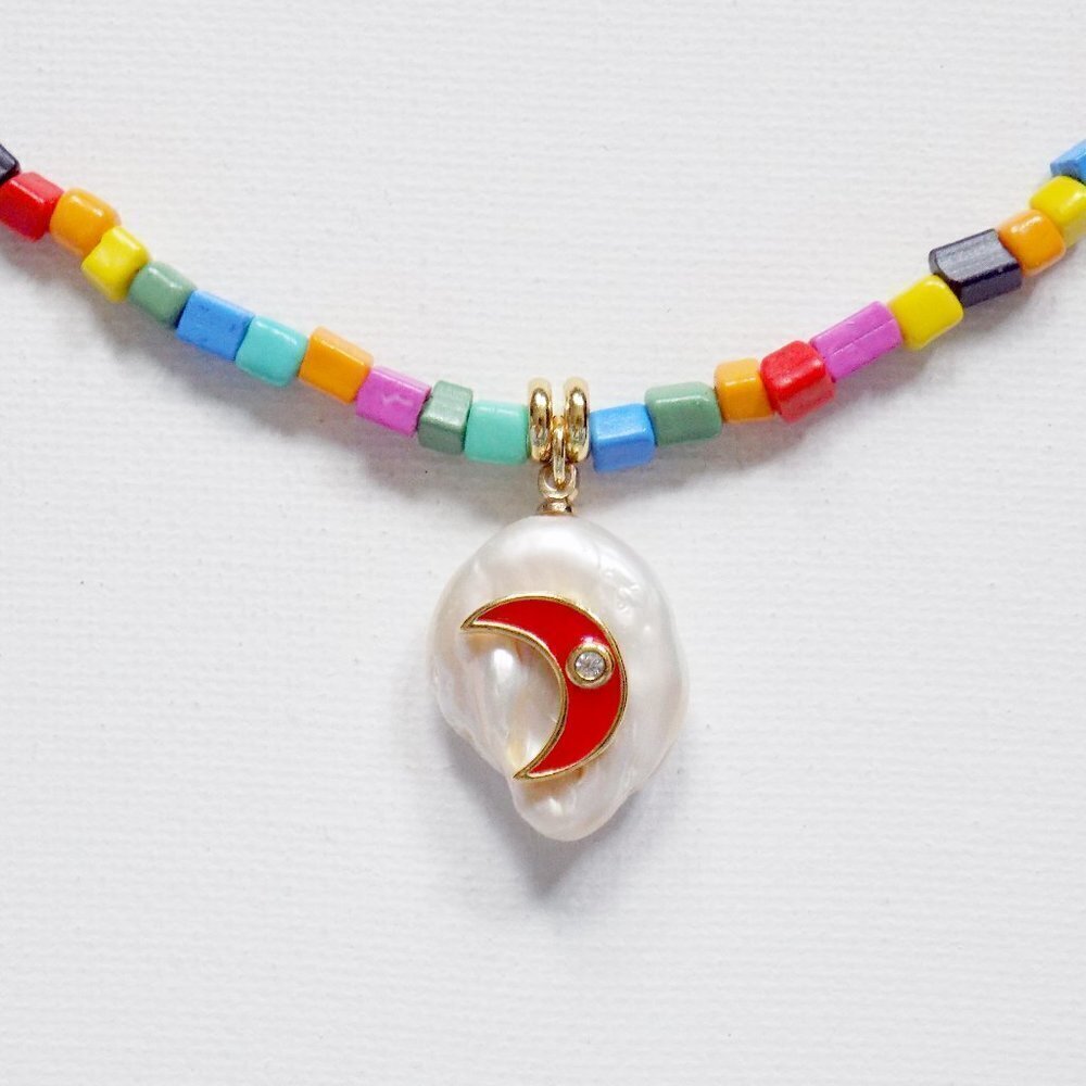 new! handmade beaded pearl charm necklace multi color kidcore random colorful